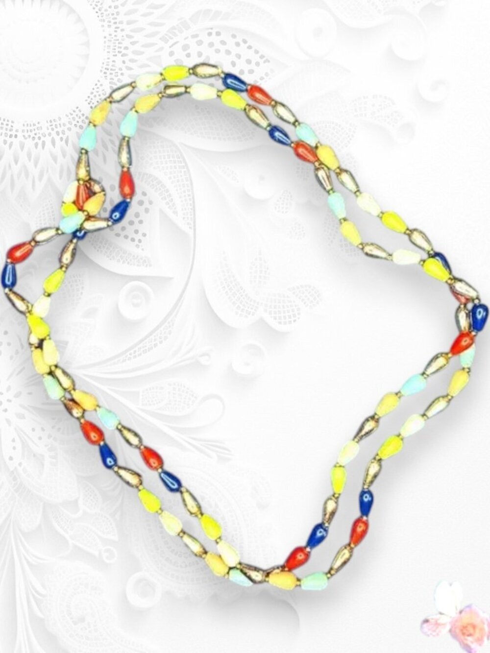 Vintage Colorful Molded Bead Station Necklace Lightweight Long 505